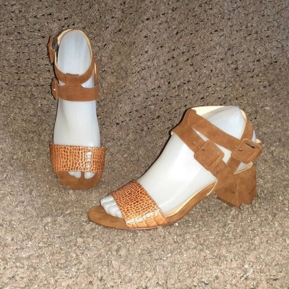 MARVIN K. Chestnut Suede/Croc Print Leather-Double Ankle Strap-Sz 6.5-Excellent - Picture 1 of 6